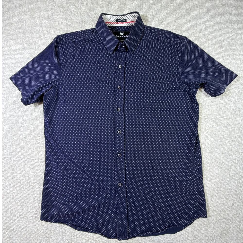 Buttercloth Men Large Blue Micro Dot Short Sleeve Button Front Performance Shirt